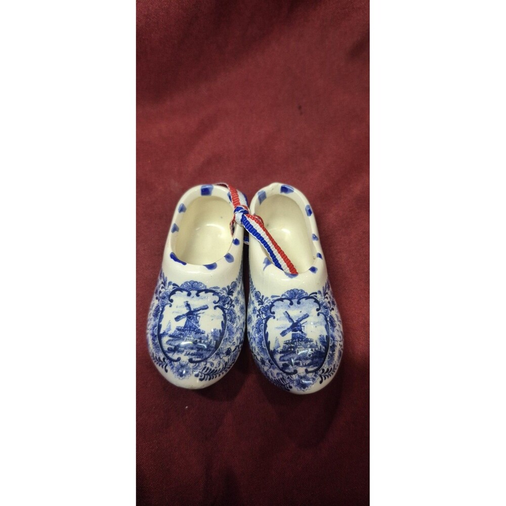 Vintage Delft Blue Miniature Porcelain Clogs Holland Windmill Souvenir Pair Read